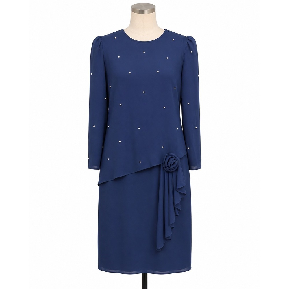 Vintage After Dark Dress 17/18 Navy Pearl Beaded Rosette Formal 80s USA
